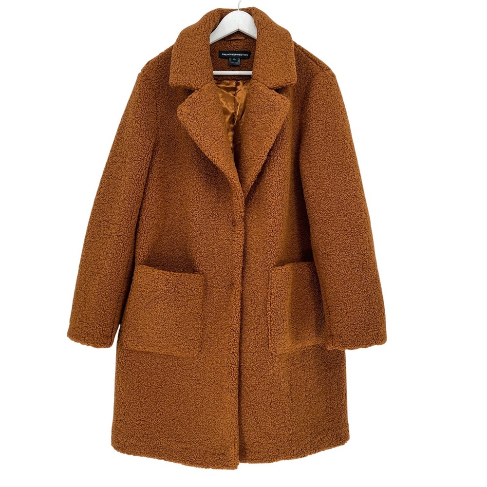French Connection Teddy Coat Women XL Rust Brown Faux Fur Shearling Winter Cozy